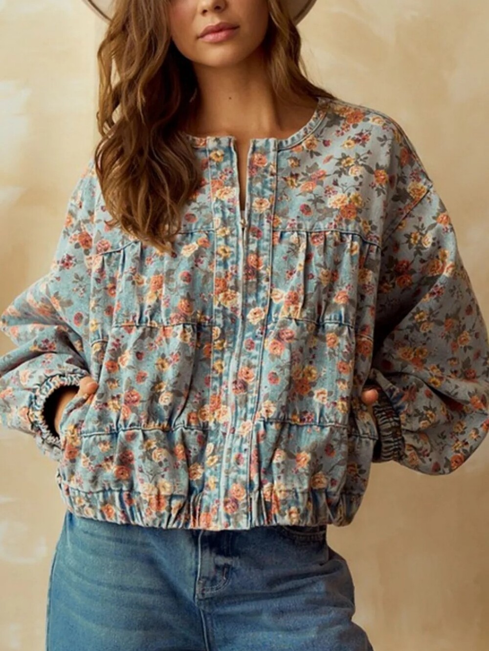 Quilted Floral Bomber Jacket - Light Blue